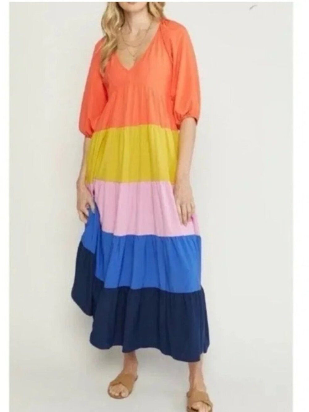 Entro Medium Colorblock Tiered V-Neck 3/4 Sleeve Maxi Dress Boho Maximalist